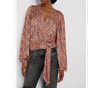 NWT Express Printed Satin Faux Wrap Front Tie Waist Cropped Top